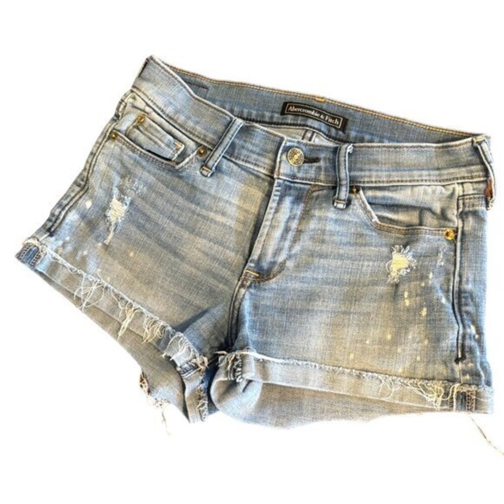 Abercrombie & Fitch‎ A&F Light Wash Bleach Spots Cut Off Stretch Jean Shorts 2